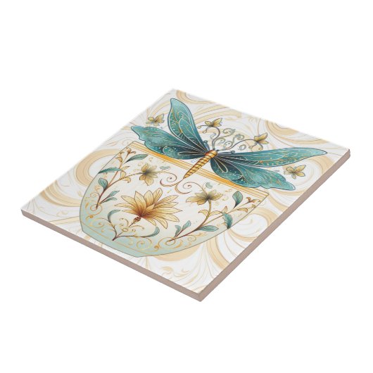 Spring Theme Whimsical Blue en Gold Dragonfly Tegeltje (Zijkant)