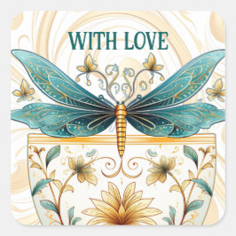 Spring Theme Whimsical Blue en Gold Dragonfly Vierkante Sticker