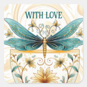 Spring Theme Whimsical Blue en Gold Dragonfly Vierkante Sticker (Voorkant)