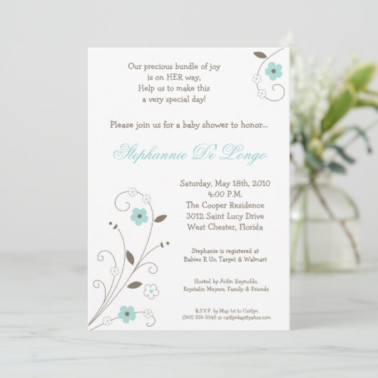 Spring Time Blue Flower Baby shower Invitation Kaart (Staand voorkant)