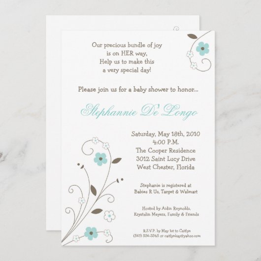 Spring Time Blue Flower Baby shower Invitation Kaart (Voorkant / Achterkant)
