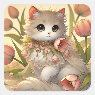 Spring Tulip Cat Vierkante Sticker