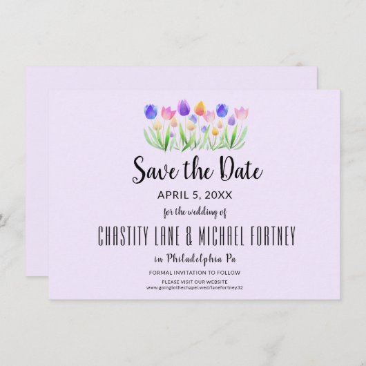 Spring Tulip Elegante Lavendel Moderne bruiloft Save The Date (Voorkant / Achterkant)