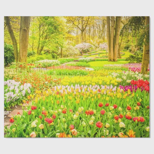 Spring Tulips and Daffodils Park Wrapping Paper Cadeaupapier (Vlak)