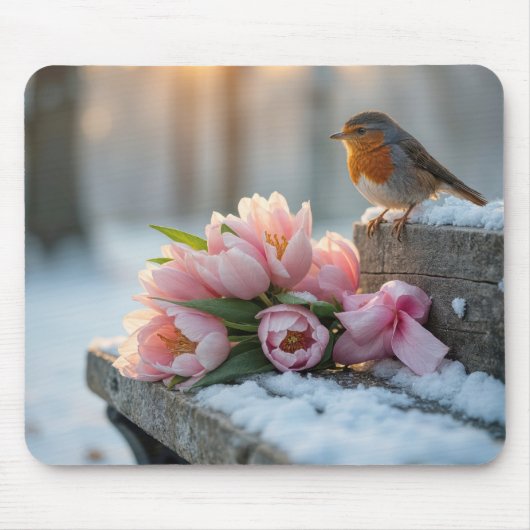 Spring Tulpen en Robin op een bank Muismat (Voorkant)
