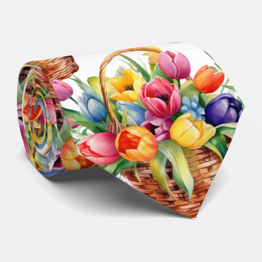 Spring Tulpen Kleurrijke Regenboog Waterverf Bloem Stropdas (Opgerold)