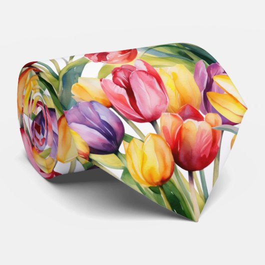 Spring Tulpen Kleurrijke Regenboog Waterverf Bloem Stropdas (Opgerold)