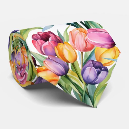 Spring Tulpen Kleurrijke Regenboog Waterverf Bloem Stropdas (Opgerold)