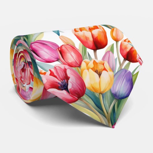 Spring Tulpen Kleurrijke Regenboog Waterverf Bloem Stropdas (Opgerold)