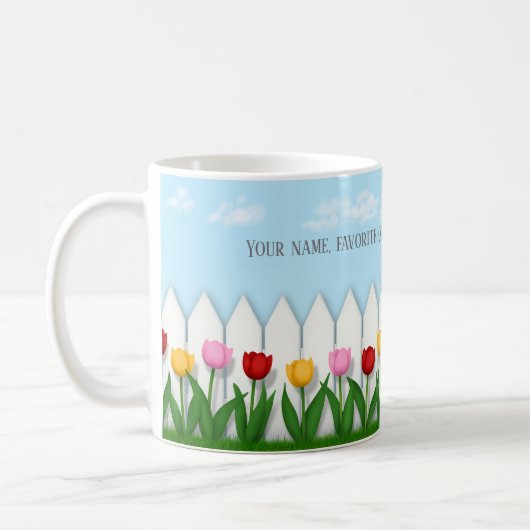 Spring Tulpen Wit Piket Fence Aangepaste tekst Koffiemok (Links)