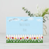 Spring Tulpen Wit Piket Fence Custom Foto Aankondiging (Staand voorkant)