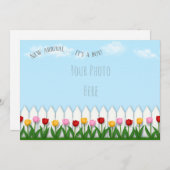 Spring Tulpen Wit Piket Fence Custom Foto Aankondiging (Voorkant / Achterkant)