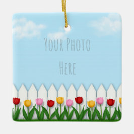 Spring Tulpen Wit Piket Fence Custom Foto Keramisch Ornament