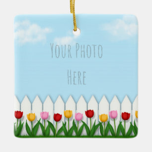 Spring Tulpen Wit Piket Fence Custom Foto Keramisch Ornament