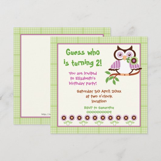 Spring uil kids verjaardagsfeestje groene grens kaart (Voorkant / Achterkant)