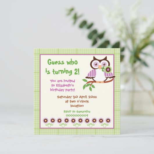 Spring uil kids verjaardagsfeestje groene grens kaart (Staand voorkant)