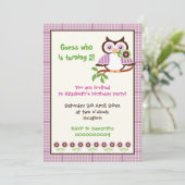 Spring uil kids verjaardagsfeestje paarse grens kaart (Staand voorkant)