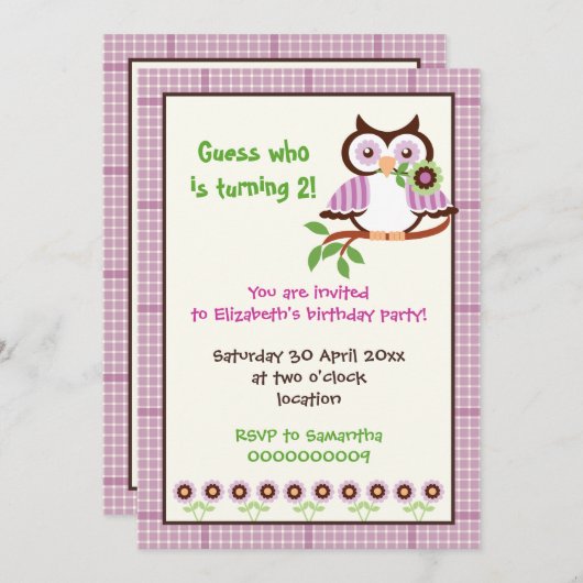 Spring uil kids verjaardagsfeestje paarse grens kaart (Voorkant / Achterkant)