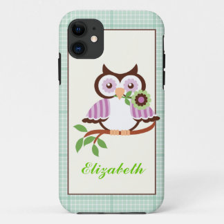 Spring uil, mint groen plaid border iPhone 11 Hoesje