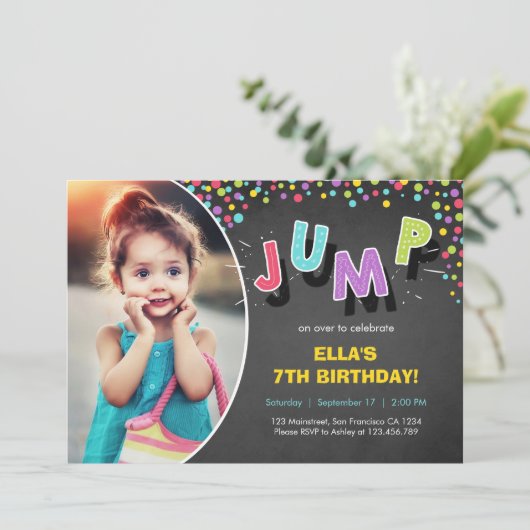 Spring uitnodiging springhuis verjaardagsfeestje (Staand voorkant)