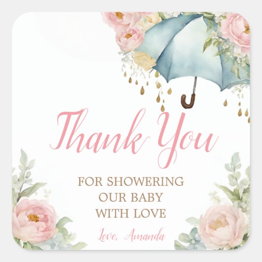 Spring Umbrella Baby shower Dank u Vierkante Sticker (Voorkant)