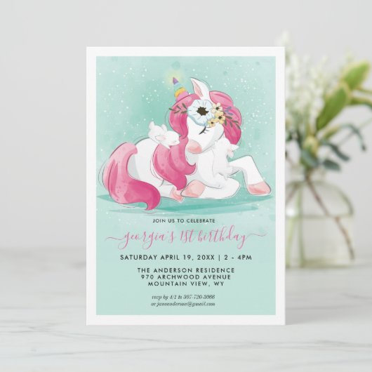 Spring Unicorn | Uitnodiging van Little Bunny Part (Staand voorkant)