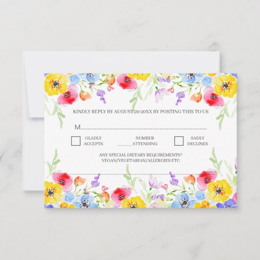 Spring Vibrant Waterverf Flowers Elegant Wedding RSVP Kaartje (Voorkant)