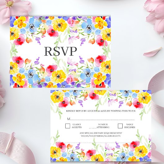 Spring Vibrant Waterverf Flowers Elegant Wedding RSVP Kaartje