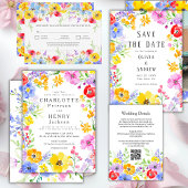 Spring Vibrant Waterverf Flowers Elegant Wedding RSVP Kaartje