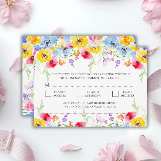 Spring Vibrant Waterverf Flowers QR Code Wedding RSVP Kaartje