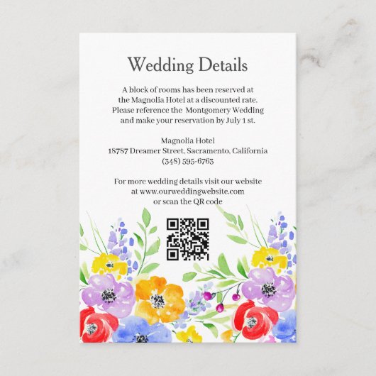 Spring Vibrant Waterverf Flowers Wedding Details Informatiekaartje (Voorkant)