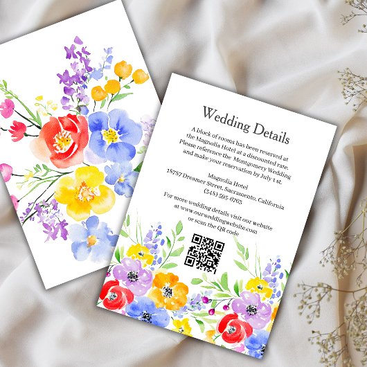 Spring Vibrant Waterverf Flowers Wedding Details Informatiekaartje