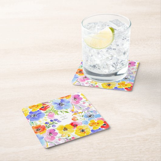 Spring Vibrant Waterverf Flowers Wedding Kartonnen Onderzetters (Insitu)