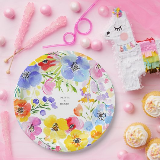 Spring Vibrant Waterverf Flowers Wedding Papieren Bordje (Feest)