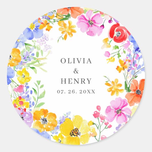 Spring Vibrant Waterverf Flowers Wedding Ronde Sticker (Voorkant)