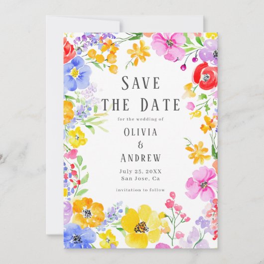 Spring Vibrant Waterverf Flowers Wedding Save The Date (Voorkant)
