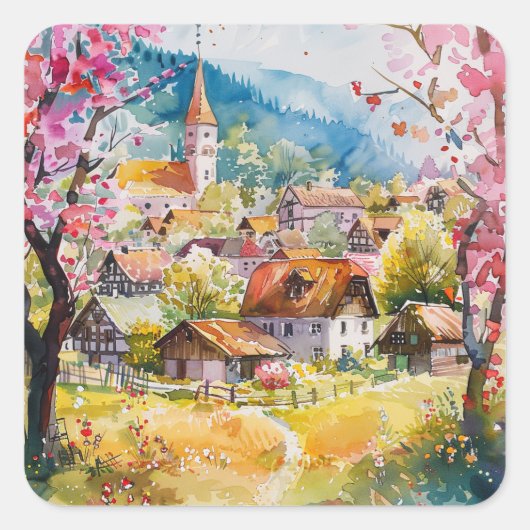 Spring Village Vierkante Sticker (Voorkant)