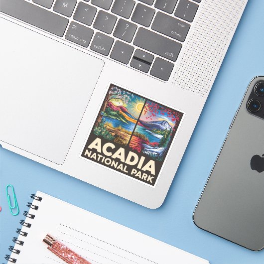 Spring vs Autumn Acadia National Park Cadeau Sticker (Laptop met iPhone)