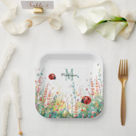 Spring Watercolor ladybug Floral Monogram Wildflow Papieren Bordje