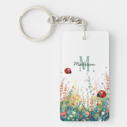 Spring Watercolor ladybug Floral Monogram Wildflow Sleutelhanger (Voorkant)