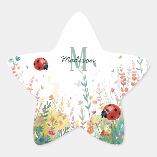 Spring Watercolor ladybug Floral Monogram Wildflow Ster Sticker (Voorkant)