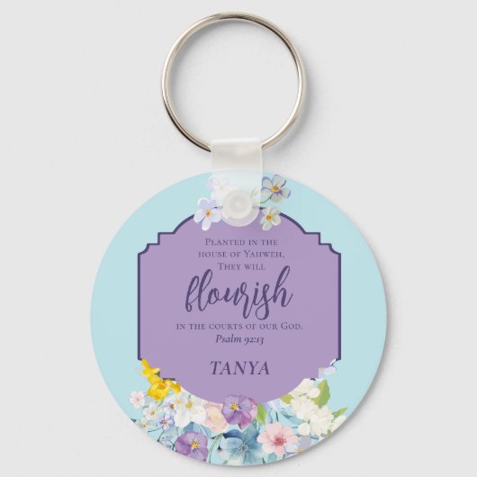 Spring Waterverf Bloemen Bijbelvers gepersonalisee Sleutelhanger (Voorkant)