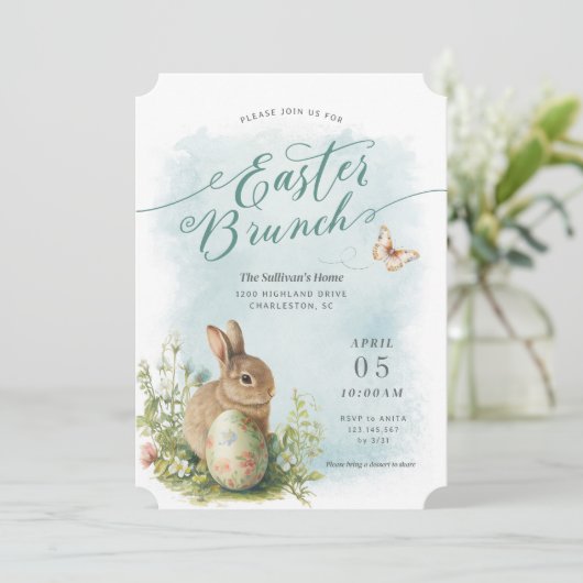 Spring Waterverf Bunny Paasbrunch Uitnodiging (Staand voorkant)
