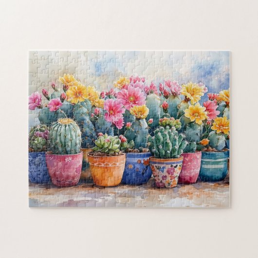 Spring Waterverf Cactus en bloemen Legpuzzel (Horizontaal)