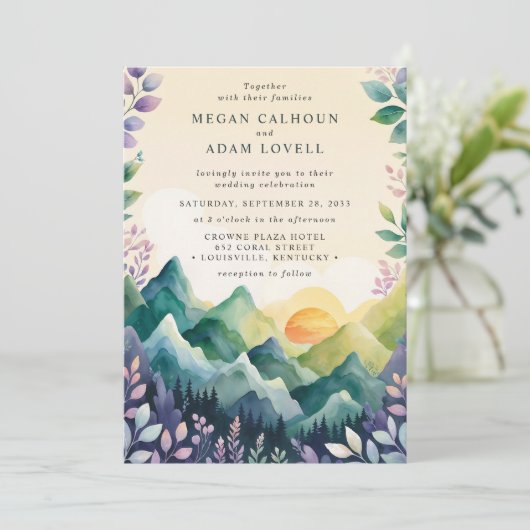 Spring Waterverf Floral Elegant Mountains Wedding Kaart (Staand voorkant)