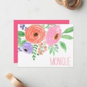 Spring Waterverf Floral gepersonaliseerd Notitiekaartje (Voorkant / Achterkant in situ)