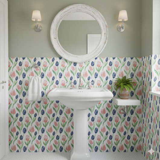 Spring Waterverf Navy Pink Tulip Pattern Tegeltje