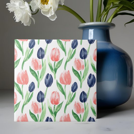 Spring Waterverf Navy Pink Tulip Pattern Tegeltje