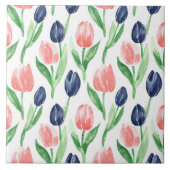 Spring Waterverf Navy Pink Tulip Pattern Tegeltje (Voorkant)