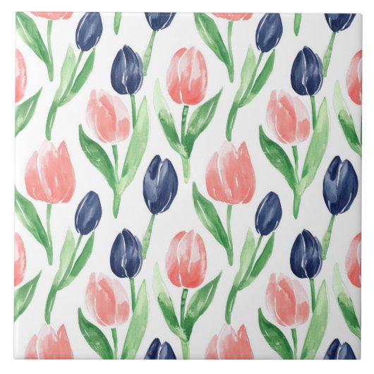 Spring Waterverf Navy Pink Tulip Pattern Tegeltje (Voorkant)